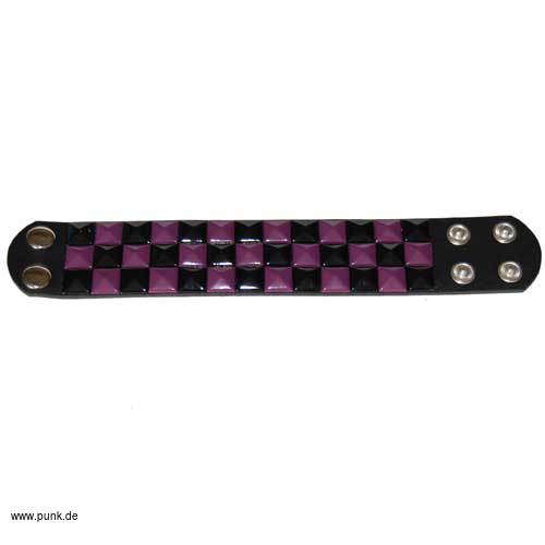 : Leather wristband with 3 rows of small black and lilac pyramidstuds