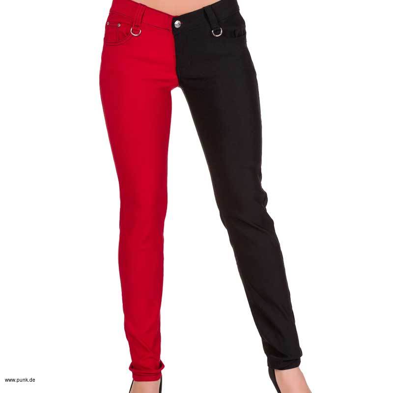 Banned: Skinny pants, halb schwarz halb rot